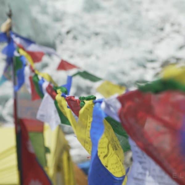 Multi colored prayer flags are hung with a yellow tent int he background