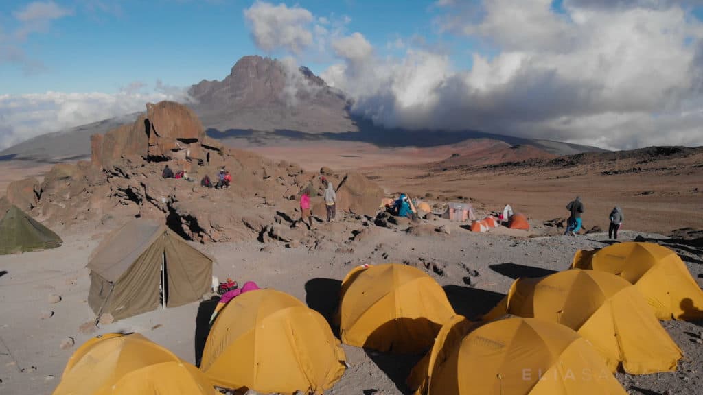 High camp revealing tents and a campsite on Kilimanjaro aerial Elia